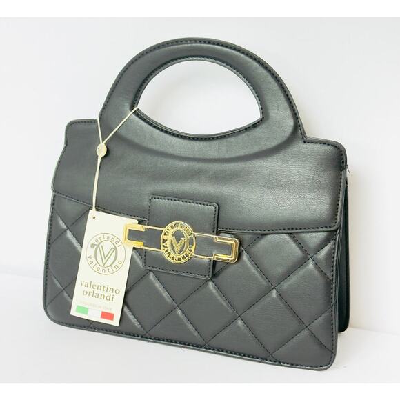 VALENTINO Orlandi Black Quilted Handbag Top Handle Crossbody Vegan Leather Gold - Picture 2 of 6